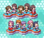  6+girls ahoge akebono_(kantai_collection) bangs black_hair blue_background blue_hair brown_hair bunny chibi chikuma_(kantai_collection) choukai_(kantai_collection) crab flower flying_sweatdrops glasses hair_bobbles hair_flower hair_ornament hair_ribbon hexagon hiyou_(kantai_collection) japanese_clothes jun&#039;you_(kantai_collection) kantai_collection long_hair lowres maya_(kantai_collection) multiple_girls oboro_(kantai_collection) oobako open_mouth orange_hair pink_hair pixel_art purple_hair ribbon sailor_collar sazanami_(kantai_collection) school_uniform serafuku short_hair short_twintails simple_background skirt tone_(kantai_collection) twintails ushio_(kantai_collection) x_hair_ornament 