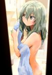 +_- 1girl absurdres bangs bathroom blurry blurry_foreground blush closed_mouth commentary_request depth_of_field drying drying_hair eyebrows_behind_hair green_eyes green_hair hair_between_eyes heterochromia highres holding holding_towel huge_filesize indoors kamatama kuso_zako_choroin_nishiga_hachi long_hair looking_away mirror nude saiba_mirai solo standing steam towel wet wet_hair yellow_eyes 