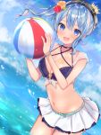  1girl :d ball beach beachball belt beret blue_eyes blue_hair bracelet crown eyebrows_visible_through_hair flower hair_flower hair_ornament hat highres hololive hoshimachi_suisei jewelry mi_taro333 midriff mini_crown navel necklace open_mouth side_ponytail skirt smile solo swimsuit virtual_youtuber water 