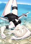  1girl absurdres artoria_pendragon_(all) artoria_pendragon_(swimsuit_rider_alter) bangs beach black_ribbon black_swimsuit blonde_hair blush breasts dress_swimsuit fate/grand_order fate_(series) food hair_ribbon highres inflatable_toy knees_up leg_garter long_hair looking_at_viewer lying medium_breasts mouth_hold ocean on_back pale_skin popsicle ribbon shidou_(x_2903) swimsuit thighs wet yellow_eyes 