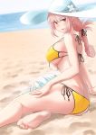 1girl absurdres artist_request ass back bangs bare_shoulders barefoot beach bikini blush braid breasts chaldea_lifesavers fate/grand_order fate_(series) feet florence_nightingale_(fate/grand_order) folded_ponytail hat highres large_breasts legs long_hair looking_at_viewer pink_hair red_eyes sand shirt shirt_removed single_braid smile sun_hat swimsuit underboob white_headwear white_shirt yellow_bikini 