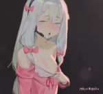  1girl absurdres blue_eyes blush breasts commentary_request eromanga_sensei headset highres izumi_sagiri long_hair looking_at_viewer nipples one_breast_out open_mouth oreomanko small_breasts solo sweat white_hair 
