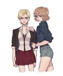  2girls annie_leonhardt black_jacket black_shirt blonde_hair blue_eyes blue_jacket breasts brown_hair cleavage collared_shirt contemporary cropped_jacket height_difference highres hitch_dreyse jacket looking_at_viewer multiple_girls necktie open_clothes pi0w0pi ponytail shingeki_no_kyojin shirt short_hair short_shorts shorts skirt sleeves_rolled_up tied_hair unbuttoned yellow_eyes yuri 