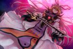  1girl armor backlighting blonde_hair chiaki_rakutarou dress hat highres holding holding_sword holding_weapon long_dress long_hair looking_at_viewer mob_cap moon orange_eyes solo sword touhou weapon wide_sleeves yakumo_yukari 