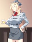  1girl alcohol ascot bangs blonde_hair blue_eyes blush breasts closed_mouth commentary_request cup flower hand_on_hip headgear highres holding holding_cup indoors kantai_collection large_breasts long_hair long_sleeves military military_uniform nelson_(kantai_collection) parted_bangs pencil_skirt pink_lips red_flower red_neckwear red_rose rose shingyo sidelocks skirt thighs underbust uniform 