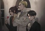  1girl 2boys ascot black_hair blonde_hair blue_eyes brown_eyes brown_hair collared_shirt cup drinking_glass erwin_smith formal glasses grey_eyes hange_zoe height_difference highres jacket levi_(shingeki_no_kyojin) looking_at_viewer looking_to_the_side medium_hair multiple_boys necktie pant_suit pi0w0pi ponytail shingeki_no_kyojin shirt short_hair suit tied_hair tuxedo undercut wine_glass 