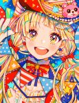  1girl 43_pon :d bang_dream! bangs blonde_hair bow bowtie colorful commentary earrings eyebrows_visible_through_hair frills hair_bow hat highres holding jacket jewelry long_hair looking_at_viewer mismatched_earrings open_mouth pennant polka_dot polka_dot_bow red_bow smile solo string_of_flags tsurumaki_kokoro twintails upper_body yellow_eyes 