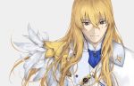  1boy bangs blonde_hair blue_eyes cape cravat expressionless eyebrows_visible_through_hair fate/grand_order fate_(series) feather_trim feathers formal hair_between_eyes kirschtaria_wodime kouzuki_kei long_hair male_focus simple_background smile solo suit upper_body white_suit 