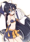  +_+ 1girl :o alternate_costume animal_ears arm_behind_back azur_lane bangs bare_legs bare_shoulders black_hair blue_eyes blue_skirt blue_sleeves blush bow breasts cheerleader cleavage collarbone commentary_request cowboy_shot detached_sleeves eyebrows_visible_through_hair hair_between_eyes hair_bow hand_up hestia_(neko_itachi) high_ponytail holding_pom_poms long_hair looking_at_viewer medium_breasts midriff multicolored_hair navel outline pleated_skirt pom_poms ponytail sash sidelocks simple_background skirt solo standing streaked_hair very_long_hair white_background white_bow white_hair yellow_sash yoizuki_(azur_lane) 