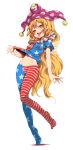  1girl american_flag_dress american_flag_legwear blonde_hair breasts clownpiece commentary_request dress dress_lift fairy_wings fangs full_body groin harusame_(unmei_no_ikasumi) hat highres hip_bones jester_cap long_hair looking_at_viewer midriff naughty_face navel no_pants no_shoes open_mouth pantyhose pink_eyes polka_dot revision ringed_eyes sharp_teeth short_sleeves small_breasts smile solo standing standing_on_one_leg striped striped_legwear teeth tongue tongue_out touhou transparent_wings very_long_hair wavy_hair wings 
