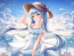  1girl aqua_eyes aqua_hair bangs bare_arms bare_shoulders blue_ribbon breasts cleavage cloud cloudy_sky collarbone commentary_request day dress eyebrows_visible_through_hair hat hat_ribbon hatsune_miku long_hair looking_at_viewer ocean outdoors ribbon short_sleeves skirt sky smile solo ssum_(ehf_dustk) sun_hat twintails very_long_hair white_dress 