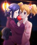  2girls bangs blonde_hair blue_hair blurry blurry_background blush candy_apple closed_eyes festival flower food fresh_precure! hair_flower hair_ornament higashi_setsuna japanese_clothes kimono kotobuki_oto long_hair long_sleeves looking_at_another momozono_love multiple_girls night obi open_mouth outdoors parted_bangs pink_flower pink_kimono precure purple_eyes purple_flower purple_kimono sash standing tied_hair twintails wide_sleeves yellow_flower yuri 