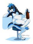  2017 abdominal_bulge alcohol anthro arm_support bar_stool beer belly beverage big_belly black_body black_fur black_hair black_nose blue_body blue_fur blue_hair blue_nose blue_pawpads blue_tongue bottle canid canine canis fangs fur furniture green_eyes hair leo_(thetwfz) male male_pred mammal multicolored_body multicolored_fur multicolored_hair multicolored_nose nude pawpads plantigrade silverdeni solo stool tongue tongue_out vore white_body white_fur wolf 