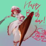  1girl bad_anatomy bad_leg blue_background copyright_request dress dual_wielding english_text facial_scar flower garter_straps happy_birthday hat hat_flower holding holding_sword holding_weapon incoming_attack inishie_kumo long_dress long_sleeves looking_at_viewer orange_eyes red_flower red_hair red_rose rose scar scar_on_cheek short_hair smile solo sword weapon white_dress white_headwear 