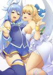  2girls aqua_(konosuba) ass bangs blonde_hair blue_eyes blue_hair blue_legwear blue_ribbon blue_shirt blue_skirt blush bottle breasts detached_sleeves feathered_wings hair_intakes hair_ornament hair_rings half_updo kneeling kono_subarashii_sekai_ni_shukufuku_wo! kono_yuusha_ga_ore_tueee_kuse_ni_shinchou_sugiru large_breasts long_hair looking_at_viewer multiple_girls open_mouth p!nta purple_eyes ribbon ristarte_(kono_yuusha_ga_ore_tueee_kuse_ni_shinchou_sugiru) shirt simple_background skirt sleeveless sleeveless_shirt smile thighs trait_connection waraningyou white_background white_wings wings 