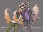  anthro blush canid canine canis clothed clothing duo fox fox_mccloud fully_clothed fur grey_body grey_fur hug licking male male/male mammal nintendo orange_body orange_fur star_fox tongue tongue_out video_games vimes_(artist) wolf wolf_o&#039;donnell 