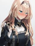  1girl an-94_(girls_frontline) blonde_hair blue_eyes blush closed_mouth commentary_request girls_frontline gloves hair_between_eyes hair_ornament hairband headgear holding holding_hair long_hair looking_down sidelocks silence_girl solo tactical_clothes 