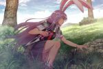  1girl animal_ears armor bunny_ears chiaki_rakutarou dagger day grass highres holding holding_dagger holding_weapon kneeling long_hair outdoors purple_hair reisen_udongein_inaba solo touhou tree very_long_hair weapon 