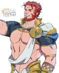  3boys abs arm_up armor bara beard blush capelet chest chibi chibi_inset cosplay covered_navel crown facial_hair facial_scar fate/grand_order fate/zero fate_(series) fujimaru_ritsuka_(male) greek_clothes iskandar_(fate) jeje_(pixiv12541114) leather long_hair looking_at_another looking_at_viewer male_focus manly multiple_boys muscle nipples pectorals red_eyes red_hair revealing_clothes sash scar short_sleeves simple_background smile solo_focus sparkle upper_body waver_velvet zeus_(fate/grand_order) zeus_(fate/grand_order)_(cosplay) 