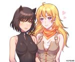  2girls animal_ears artist_name black_bodysuit black_hair blake_belladonna blonde_hair bodysuit breasts breasts_apart cat_ears cleavage closed_mouth collarbone eye_contact heart kio_rojine long_hair looking_at_another medium_breasts multiple_girls open_mouth partially_unzipped purple_eyes rwby shiny shiny_clothes shiny_hair short_hair simple_background sleeveless smile standing very_long_hair white_background yang_xiao_long yellow_eyes yuri 