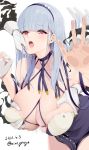  1girl azur_lane bangs breast_grab breasts choker cleavage commentary_request criss-cross_halter dido_(anxious_bisque_doll)_(azur_lane) dido_(azur_lane) disembodied_hands dress grabbing hairband halter_dress halterneck hand_on_another&#039;s_cheek hand_on_another&#039;s_face large_breasts leaning_forward long_dress long_hair mine_(wizard) multiple_hands open_mouth pink_eyes purple_dress purple_hairband silver_hair thighs 
