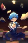  1boy bangs blue_eyes blue_hair book book_on_lap bow bowtie cis05 coin coin_flip crossed_legs fate/grand_order fate_(series) floating floating_object full_body glasses hans_christian_andersen_(fate) light long_sleeves looking_up male_focus open_book shoes sitting solo vest 