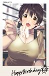  1girl :d blurry blurry_background bra_strap breasts brown_eyes brown_hair cleavage collarbone commentary_request dated depth_of_field feeding food fork hair_between_eyes happy_birthday holding holding_fork idolmaster idolmaster_cinderella_girls incoming_food indoors large_breasts looking_at_viewer oikawa_shizuku open_mouth shirt short_hair short_sleeves smile solo strawberry_shortcake tareme taut_clothes taut_shirt upper_body upper_teeth yellow_shirt youhei_(testament) 