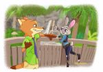  2020 belt border bottomwear canid canine clothed clothing detailed_background disney fox fully_clothed fur grey_body grey_fur grin judy_hopps lagomorph leporid looking_at_another mammal necktie nick_wilde nklove3104 orange_body orange_fur outside palm_tree pants police_uniform rabbit red_fox shirt smile standing topwear tree uniform water white_border zootopia 