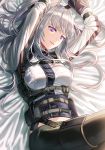  1girl ak-12_(girls_frontline) ammunition_pouch arms_up artificial_eyes bangs bed_sheet black_pants breasts commentary_request girls_frontline large_breasts long_hair long_sleeves lying midriff multiple_straps on_back open_eyes open_mouth pants pouch purple_eyes sidelocks silence_girl silver_hair solo strap symbol-shaped_pupils tactical_clothes 