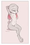  2020 anthro border breasts casual_nudity crotch_tuft disney eyes_closed female fur grey_body grey_fur hi_res judy_hopps lagomorph leporid mammal navel nipples nude open_mouth pink_nose pubes qrog rabbit signature simple_background sitting solo tuft white_border zootopia 