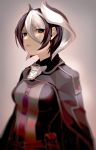  1girl bangs black_cape black_eyes black_hair black_jacket blurry breasts cape closed_mouth collar eyebrows_visible_through_hair eyes_visible_through_hair grey_background hair_between_eyes highres jacket lips looking_at_viewer made_in_abyss multicolored_hair ozen short_hair simple_background solo spiked_hair two-tone_hair upper_body vickyycy99 whistle white_hair 