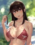  1girl akagi_(kantai_collection) bangs bare_shoulders bikini blurry blurry_background blush breasts brown_eyes brown_hair cleavage collarbone dappled_sunlight highres kantai_collection large_breasts long_hair looking_at_viewer open_mouth outdoors red_bikini shade smile sunlight swimsuit wa_(genryusui) 