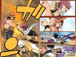  2boys bare_shoulders black_hair blocking crossover english_commentary fairy_tail fighting fire freckles grin hat henil031 jewelry kicking multiple_boys natsu_dragneel necklace one_piece pink_hair portgas_d_ace scarf shirtless smile spiked_hair straw_hat tattoo watermark 