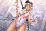  1girl aqua_eyes black_hairband blush bracer chiaki_rakutarou collar hairband highres indoors katana konpaku_youmu konpaku_youmu_(ghost) leotard short_hair silver_hair solo sword touhou weapon 