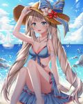  1girl bangs bare_legs bare_shoulders barefoot bikini blue_bikini blue_bow blue_eyes blue_sky blush boat bow breasts cleavage cloud collarbone day eyebrows_visible_through_hair fate/grand_order fate_(series) foot_out_of_frame hat highres jewelry long_hair looking_at_viewer marie_antoinette_(fate/grand_order) marie_antoinette_(swimsuit_caster)_(fate) medium_breasts open_mouth outdoors red_swimsuit silver_hair sky smile solo ssum_(ehf_dustk) summer sun_hat swimsuit twintails very_long_hair watercraft 