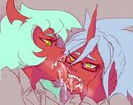  blue_hair bodily_fluids demon drooling duo eyewear female female/female glasses green_hair hair hi_res horn humanoid incest_(lore) kissing kneesocks_daemon not_furry panty_and_stocking_with_garterbelt red_body red_skin saliva scanty_daemon tongue ungulatr 