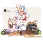  1girl ;d animal animal_bag animal_ears arm_up bag bangs bell black_footwear blue_hair blush boots cat cat_bag cat_ears cat_tower character_request dress english_text eyebrows_visible_through_hair fake_animal_ears fang food hair_between_eyes hasu_(velicia) highres holding holding_food jacket jingle_bell long_hair mahjong_soul official_art one_eye_closed one_side_up open_clothes open_jacket open_mouth plaid plaid_skirt popsicle red_eyes red_skirt romaji_text shoulder_bag sign skirt smile solo sparkle standing standing_on_one_leg thighhighs thighhighs_under_boots white_dress white_legwear yellow_jacket 