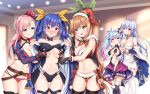  5girls :d :q absurdres american_flag_bikini aqua_eyes ass_visible_through_thighs azur_lane bare_arms bare_shoulders belt bikini black_choker black_gloves black_legwear blue_eyes blue_hair blush boots braid breasts brown_gloves brown_hair cape center_opening character_request choker clarisse_(granblue_fantasy) cleavage coat crossover dizzy_(guilty_gear) dress fate/grand_order fate_(series) fingerless_gloves flag_print fur_trim gloves gold_trim gradient_hair granblue_fantasy green_eyes groin groping guilty_gear hair_ribbon hair_rings hand_on_own_chest hands_on_another&#039;s_shoulders hands_up hat heishan highres indoors large_breasts long_hair long_sleeves looking_at_another miniskirt miyamoto_musashi_(fate/grand_order) miyamoto_musashi_(swimsuit_berserker)_(fate) multi-strapped_bikini multicolored_hair multiple_girls navel off_shoulder open_mouth pink_eyes pink_hair pleated_skirt poking purple_eyes red_bikini red_headwear revealing_clothes ribbon rodney_(azur_lane) santa_bikini santa_hat shrug_(clothing) silver_hair skirt smile standing stomach string_bikini swimsuit thigh_boots thighhighs thighs tongue tongue_out twintails white_legwear white_skirt zettai_ryouiki 