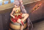  1girl barrel blush bow chiaki_rakutarou crossed_legs fujiwara_no_mokou hair_bow highres long_hair outdoors silver_hair sitting solo staff touhou 