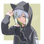  1girl animal_ears animal_hood arm_up black_choker boko_(maniacpurple) brown_eyes choker closed_mouth fake_animal_ears hood hood_up lightning_bolt original short_hair shoulder_cutout smile solo two-tone_background white_hair 