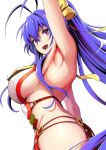  1girl :d antenna_hair armpits arms_up backless_outfit bangs blazblue bow breasts eyebrows_visible_through_hair from_below from_side hair_between_eyes hair_ribbon halter_top halterneck long_hair lowleg lowleg_pants mai_natsume open_mouth pants purple_eyes purple_hair revealing_clothes ribbon sayoi sideboob smile very_long_hair yellow_bow 