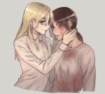  2girls black_hair blonde_hair blood blood_on_face blood_stain blue_eyes brown_eyes brown_hair christa_renz collared_shirt freckles hand_on_another&#039;s_face injury long_hair looking_at_viewer medium_hair multiple_girls pi0w0pi ponytail shingeki_no_kyojin shirt short_hair tied_hair ymir_(shingeki_no_kyojin) yuri 