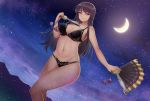  1girl black_bra black_hair black_panties bra breasts chiaki_rakutarou crescent_moon fan highres holding houraisan_kaguya large_breasts lingerie long_hair moon navel night night_sky orange_eyes outdoors panties sky solo touhou underwear underwear_only 