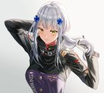  1girl arm_up blush closed_mouth facial_mark girls_frontline gloves green_eyes grey_background hair_ornament hand_up hk416_(girls_frontline) jacket long_hair long_sleeves looking_at_viewer purple_jacket sidelocks silence_girl silver_hair smile solo teardrop upper_body white_gloves 