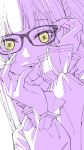  1girl bangs black-framed_eyewear blunt_bangs boko_(maniacpurple) face fingernails flat_color glasses highres long_hair original parted_lips purple_theme solo upper_body yellow_eyes 