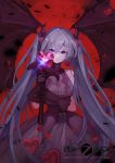  1girl :o absurdres aiming_at_viewer bangs black_dress black_gloves black_wings breasts chicken_(dalg-idalg) copyright_name corset cowboy_shot cross-laced_clothes debris demon_girl demon_horns dress forever_7th_capital gem glint gloves hair_between_eyes hair_ornament hatsune_miku heart heart_hair_ornament highres holding holding_staff horns large_breasts long_hair looking_at_viewer motion_blur petals purple_eyes red_background silver_hair simple_background sleeveless sleeveless_dress solo staff torn_wings very_long_hair vocaloid wings 