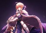 1girl ahoge armor artoria_pendragon_(all) blonde_hair blue_cape blue_dress blue_ribbon cape closed_mouth dress excalibur expressionless eyebrows_visible_through_hair eyelashes fate/stay_night fate_(series) fur-trimmed_cape fur_trim hair_ribbon hands_on_hilt highres holding holding_sword holding_weapon juliet_sleeves long_sleeves looking_at_viewer planted_sword planted_weapon pro-p puffy_long_sleeves puffy_sleeves ribbon saber short_hair solo sword upper_body weapon 