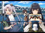  3girls :d ahoge aircraft airplane akitsushima_(kantai_collection) bare_shoulders black_hair black_shirt blush breasts brown_eyes brown_hair brown_skirt cleavage cloud day detached_sleeves dress eyebrows_visible_through_hair green_dress green_eyes hair_between_eyes hair_ribbon hair_tubes highres ichikawa_feesu ise_(kantai_collection) japanese_clothes kantai_collection large_breasts long_hair miko mizuho_(kantai_collection) multiple_girls nishikitaitei-chan ocean open_mouth parted_lips pleated_skirt ponytail purple_eyes purple_hair ribbon shirt short_hair short_sleeves side_ponytail sidelocks skirt sky smile standing standing_on_liquid undershirt wide_sleeves 