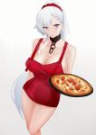  1girl absurdres azur_lane bare_legs belfast_(azur_lane) bow braid braided_bangs breasts cl_(summer_sama) cleavage collarbone dress food hair_bow hairband highres large_breasts legs long_hair looking_at_viewer pizza pizza_hut ponytail purple_eyes red_dress short_dress silver_hair solo thighs waitress white_background white_hair 