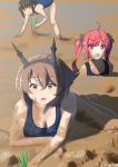  3girls azur_lane bangs black_eyes blue_eyes blue_swimsuit breasts brown_hair cleavage collarbone commentary_request crossover dirty eyebrows_visible_through_hair fubuki_(kantai_collection) green_eyes hair_ornament hairband highres kantai_collection large_breasts long_hair misumi_(niku-kyu) mud multiple_girls mutsu_(kantai_collection) one-piece_swimsuit open_mouth red_hair rice_paddy rice_planting san_diego_(azur_lane) short_hair swimsuit twintails twitter_username 
